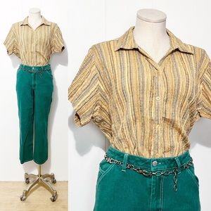 90s Rouched Macaroni Striped Short Sleeve Button Front Top | Vintage